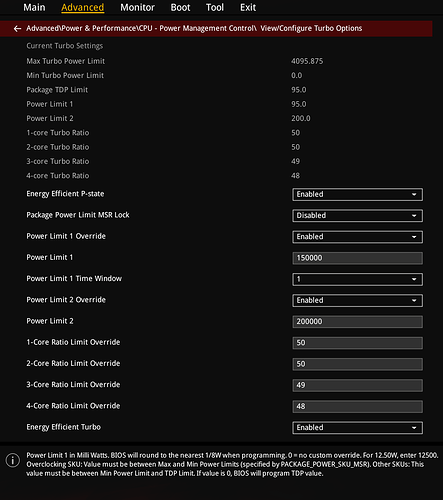 Menu in BIOS/UEFI to adjust power-related values