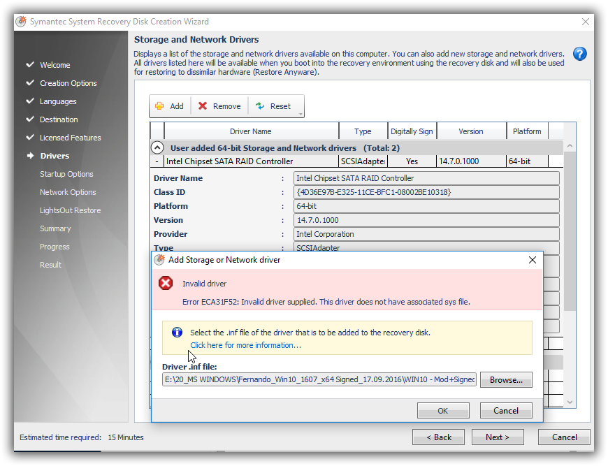 Symantec. Unable to add SYSINFO.dev....png