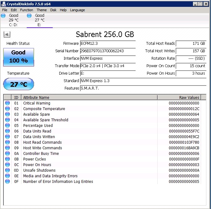 DiskInfo - Intel Driver on Rivo Adapter with Sabrent Rocket 256GB.jpg